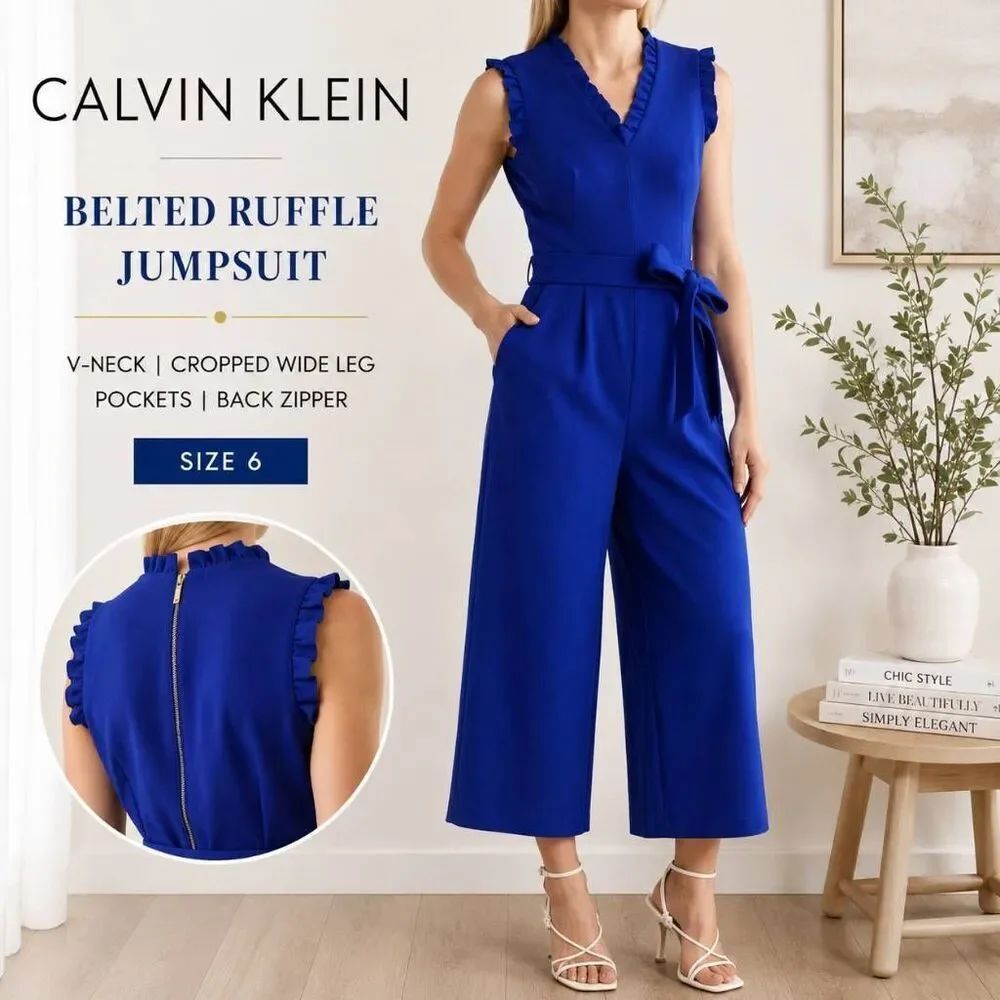 Calvin Klein Women's Size 6 Blue Belted Ruffle V-Neck Cropped Jumpsuit